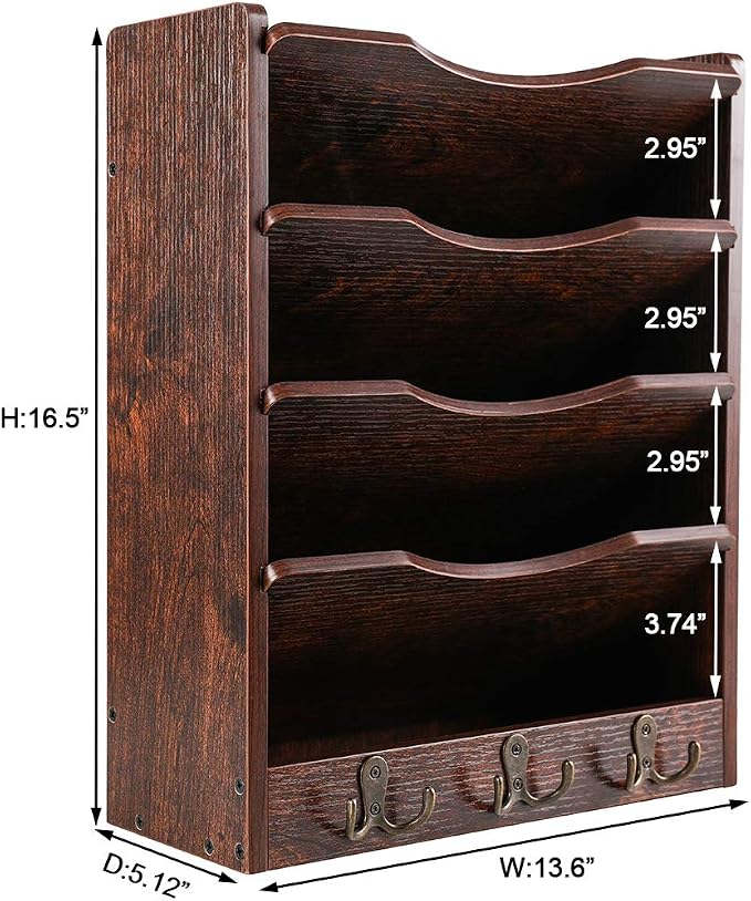 5-Tier Wall File Holder Hanging Mail Organizer Wood Magazine Literature Rack with 6 Hooks, Brown