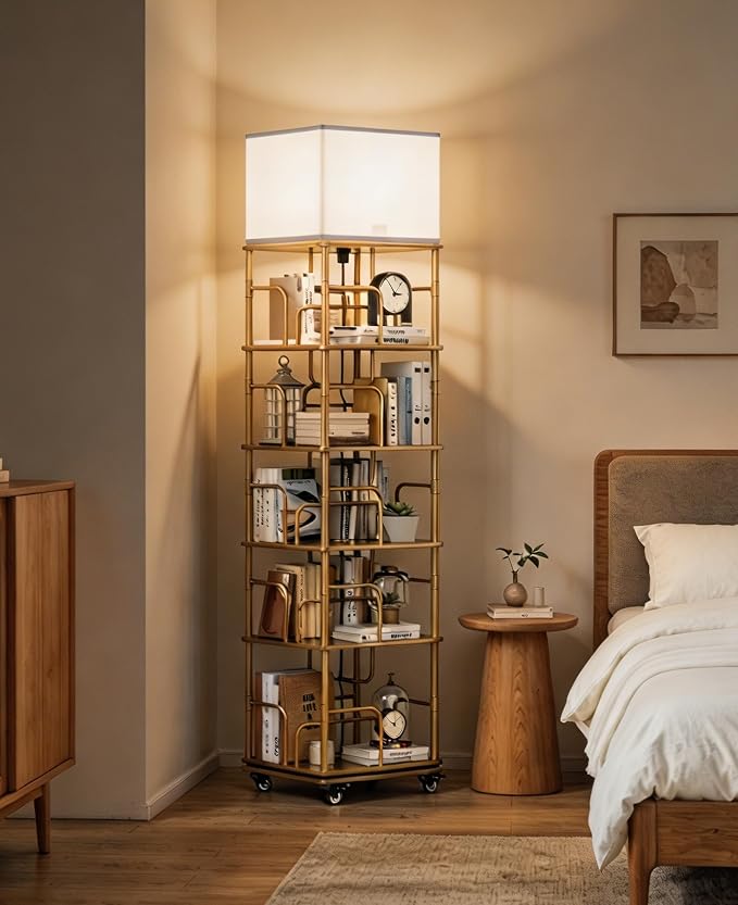 5 Tier Gold Rotating Bookshelf with Light, Square Revolving Book Shelf Tower with Wheels, 360 Display Corner Shelves with Large Capacity for Small and Narrow Space, Office, Living and Bed Room
