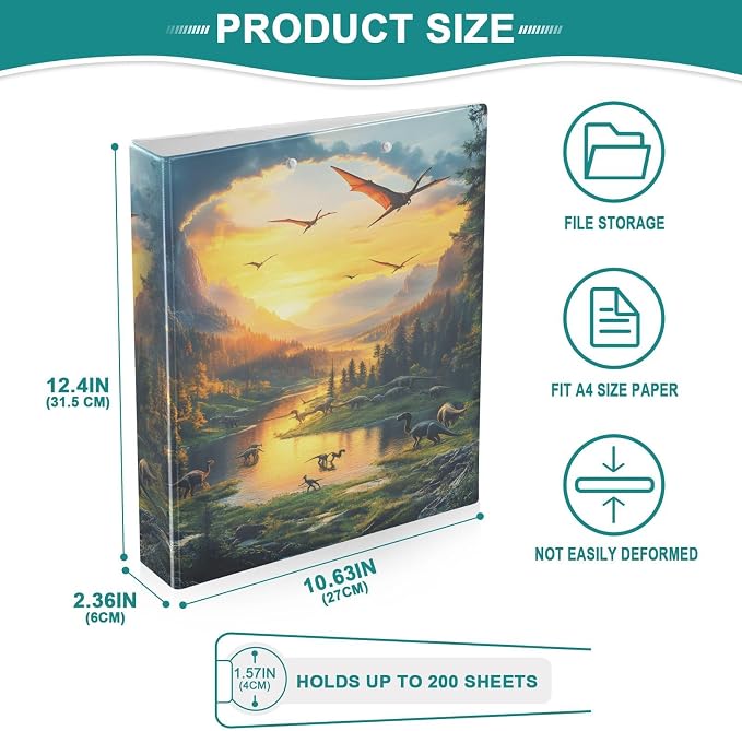 3 Ring Binder Dinosaurs Jurassic 1.5 inch Binders Three Ring Binders with Clipboard Fit 8.5'' x 11'' Paper 3 Interior PVC Clear Pockets for Office Supplies