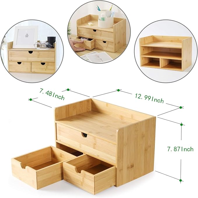 Bamboo Desk Organizer with Drawers, 3-Drawer Desktop Storage Box | 3 Drawers Open Top Tray Fully Assembled Stores Pens, Notes, Makeup, Jewelry & Toiletries for Office, Vanity & Bath