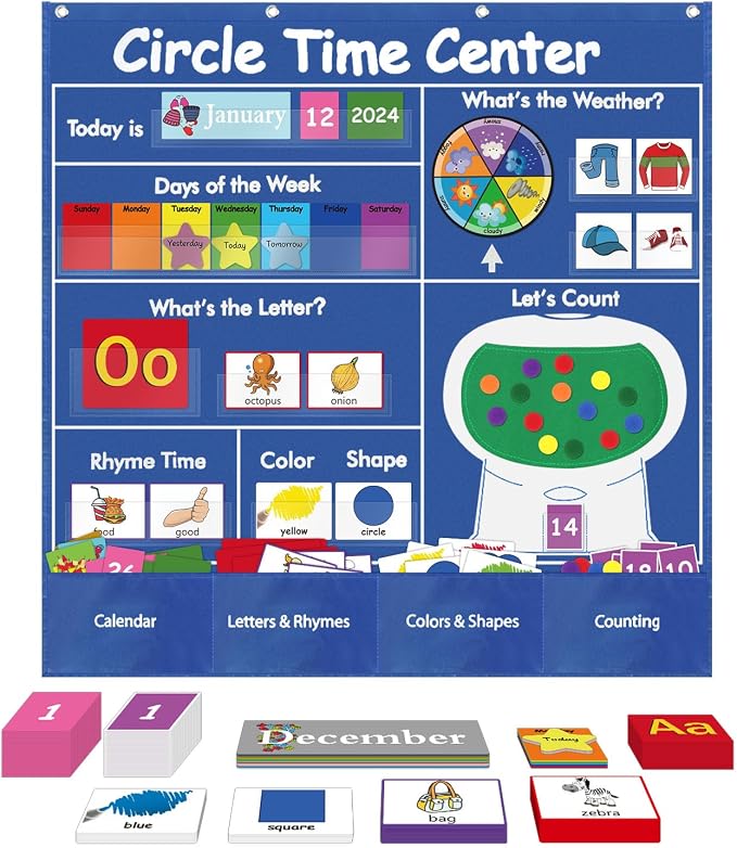 Circle Time Learning Center, Teaching Shape Circle Time Pocket Chart with 221 Cards, Educational Pocket Chart Teaching Materials, Learning Calendar Weather Counting Letter Color Shape etc