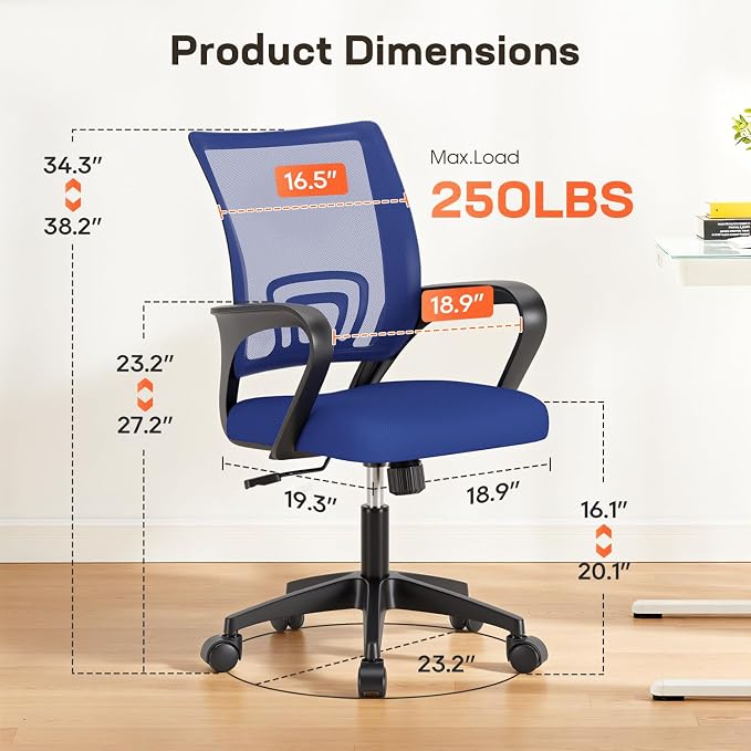 BestOffice Ergonomic Office Chair | Mid-Back Swivel Desk Chair | Blue | with Lumbar Support, Adjustable Height & Breathable Backrest | Sponge Seat & Rolling Wheels | for Home, Office | Pack of 1