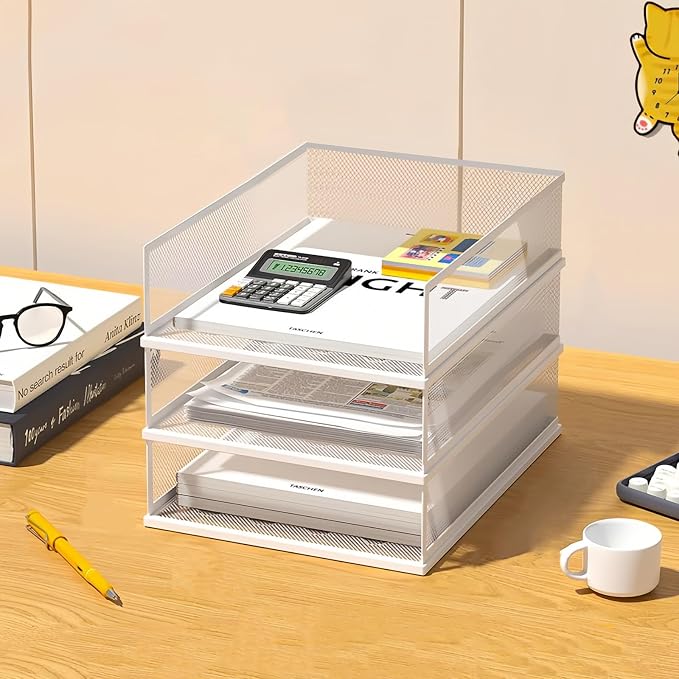 A3 Mesh Desk File Organizer, Stackable Paper Tray，Desktop Document Sorter, File Storage, 3/4/5-Tier Paper Letter Tray Organizer, Desk Accessories & Workspace, Black (3 Tier-Portrait-White)