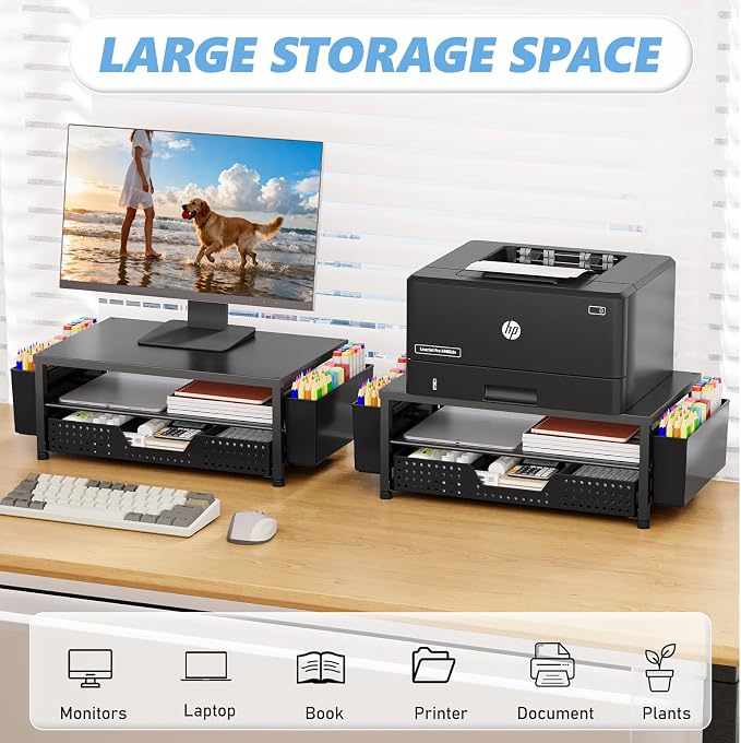 Desk Organizers and Accessories, Computer Monitor Stand Riser with Drawer and 2 Pen Holders, Printer & Laptop Stand, Office Desk Accessories & Workspace Organizers for Home Office Supplies, Black 2-Pack