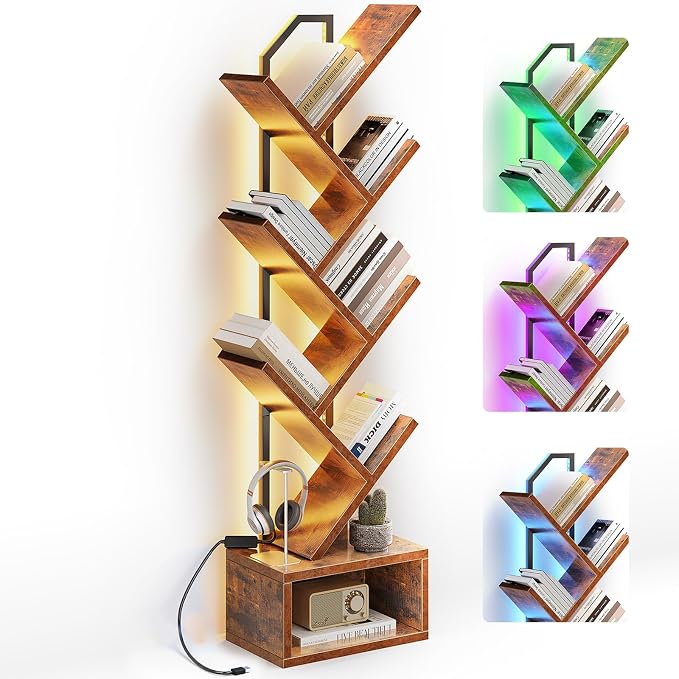 Casaottima Tree Bookshelf with LED Lights, 6-Tier Small Bookshelf, Vintage | Narrow Bookcase for Small Spaces, Steel & Wood Storage Shelf with Cabinet, Home Organizer for Living Room, Bedroom, Office
