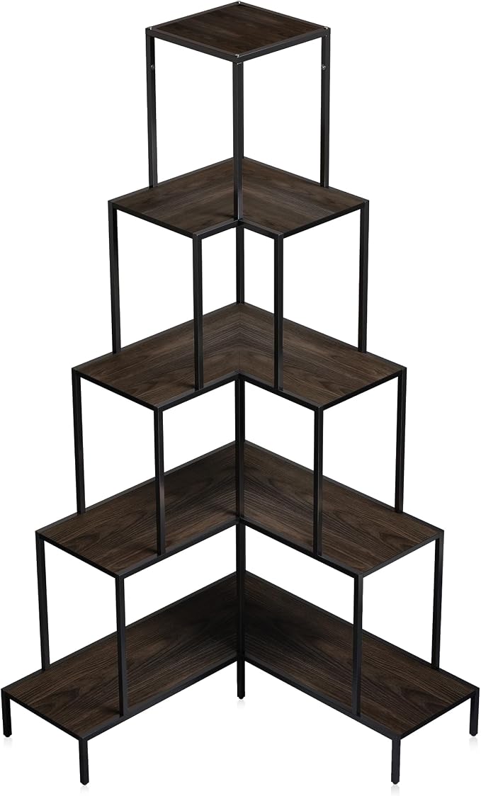 BELLEZE 5-Tier Corner Bookshelf with RGB Lights and Remote, 66" Tall L-Shaped Corner Bookcase, Storage & Display Rack for Living Room, Courtyard, Home Office - Gray