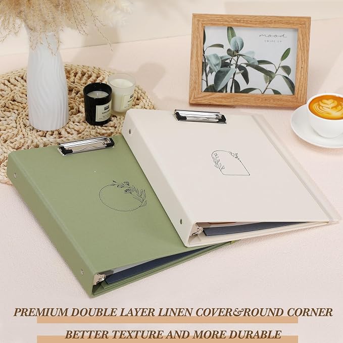 2 Pcs 3 Ring 1 Inch Linen Binder Organizer for 8.5" x 11" Letter Sized Paper Clipboard Binders with Pockets, Tab Dividers, Labels Stickers for School Office Supplies