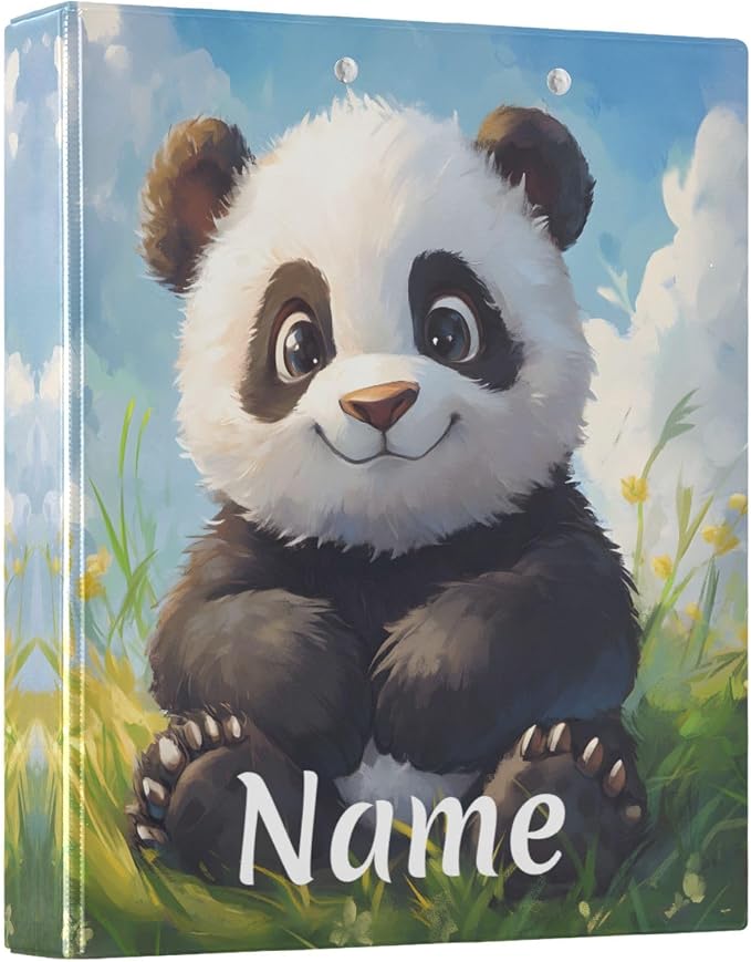 Custom 3 Ring Binder Panda in Grass 1.5" Round Ring Binders Personalized Name View Binder with 200 Sheet for Kids School Supplies Women Men Office, 1 Pack