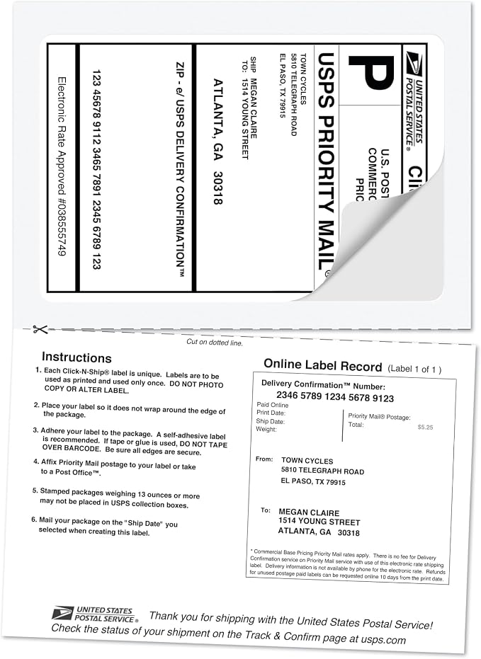 Avery® Printable Shipping Labels with Paper Receipts, 5-1/16" x 7-5/8", White, 50 Blank Mailing Labels (5127)