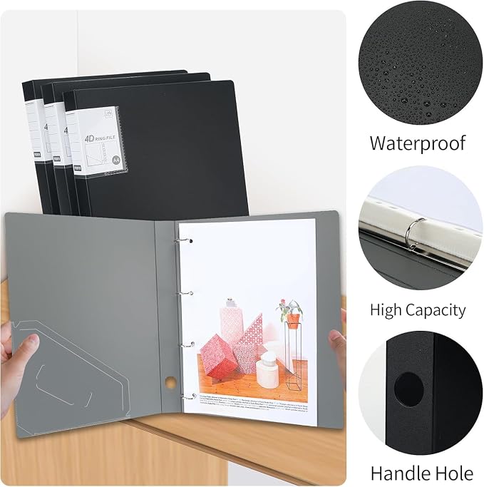 4 Ring Binders 0.8 Inch D Ring,4 Pack D Ring Binder A4,4 Ring（Black）