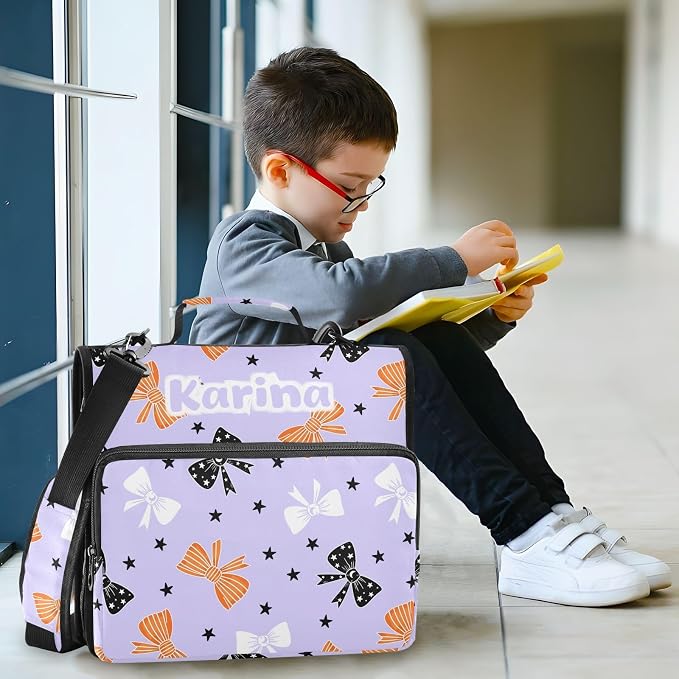 Custom Bow Star Black Print 3 Ring Zipper Binder with Shoulder Strap & Handle 1.5 Inch D-Ring Zippered Bag with Multiple Pocket, Personalized Binder Organizer for School or Office