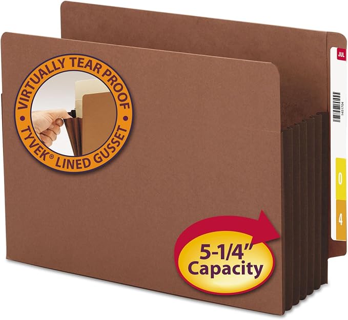 Smead End Tab File Pocket, Reinforced Straight-Cut Tab, 5-1/4" Expansion, Extra Wide Letter Size, Redrope with Brown Gusset, 10 per Box (73691)