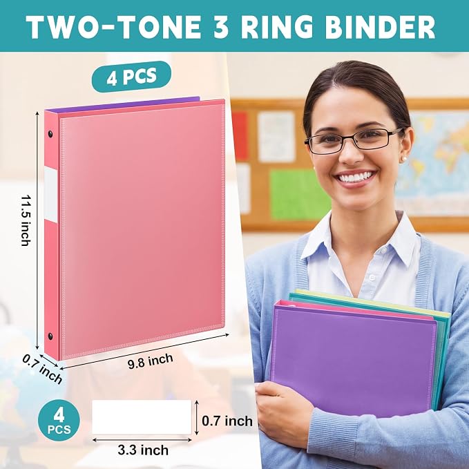 Henoyso 4 Pack Two-Tone Durable 3 Ring Binders 1/2 Inch, Clear Cover with Front & 4 Inner Pockets, Colored Plastic Flexible Binders with Large Capacity for School & Office