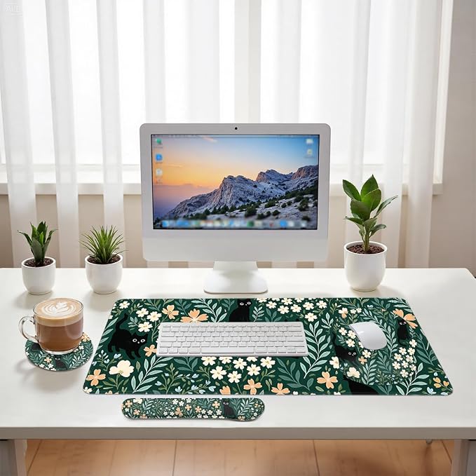 Cat Mouse Pad Set Cute Black Cats Floral Garden Gaming Mousepad 4in1 Desk Mat for Desktop Anti-Slip XXL Big Computer Ergonomic Mousepad with Wrist Support for Keyboard and Mouse