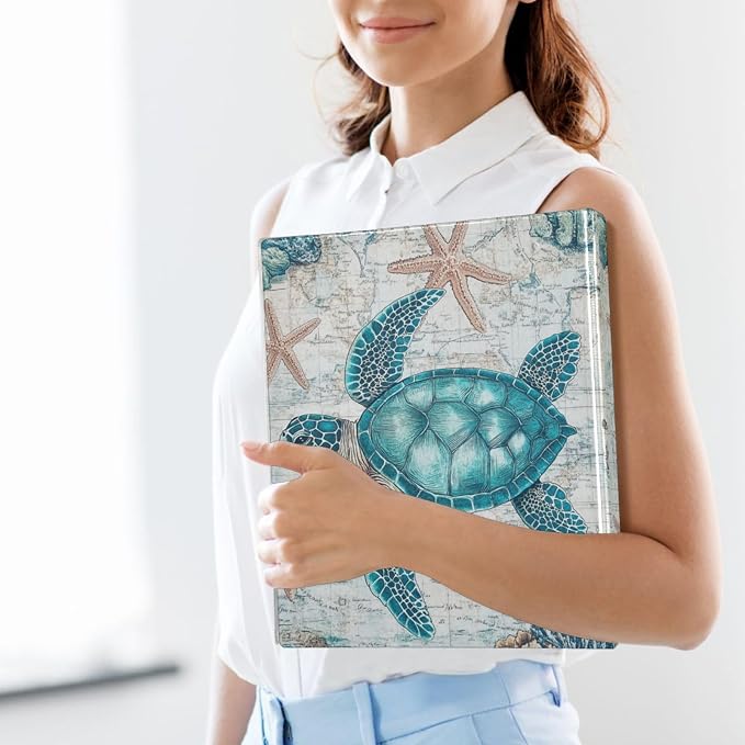 Vintage Sea Turtle Binder 1.5 Inch Binder with Clipboard&Pockets, Nautical Starfish Turtle Hardcover Binders 3 Ring Heavy Duty File Folder for Office School Supplies-Holds 200 Sheets, 2 Pack