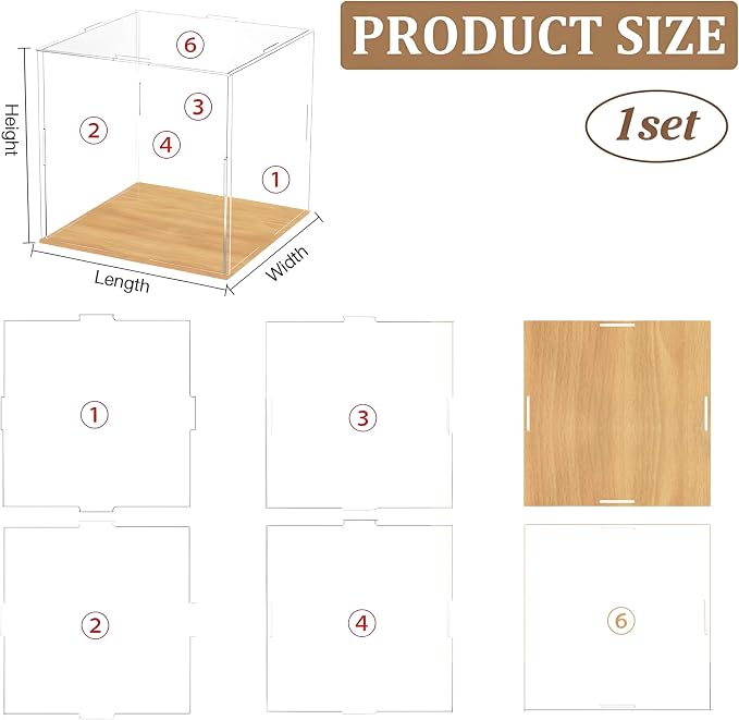 12mm high Wood Grain Display Boxs, countertop Display Box, Figure Model dust Boxs, Art Collection Box, Exquisite high-end Transparent (18x18x16in(Length x Width x Height))