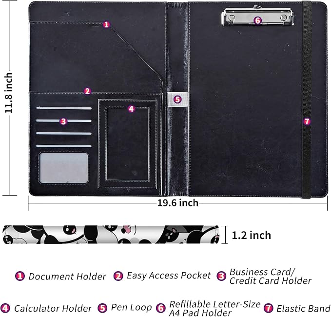 Padfolio/Portfolio Folder Clipboard,Padfolio Clipboard,Writing Portfolio Leather with Cover for Card Holder Slot Letter Size A4 for Office Conference Notepad Clip Boards,Lovely Panda