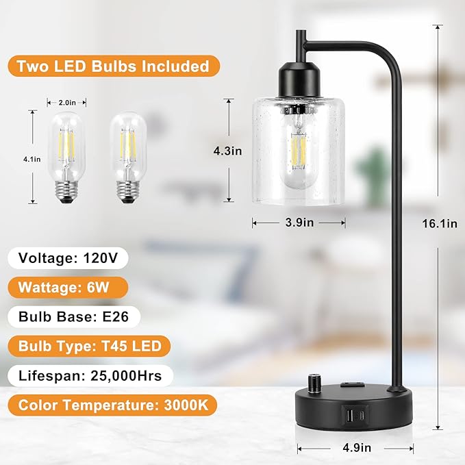 Industrial Bedside Lamps Set of 2, Fully Dimmable Desk Lamps for Bedroom | Glass Shade, USB C+A Charging Port & Outlet, Black Nightstand Table Lamps for Living Room, Office, Reading, Vintage