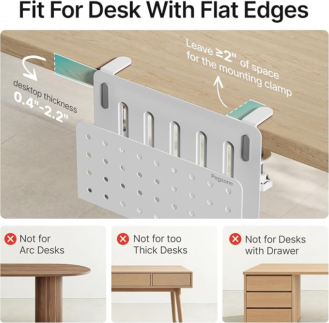 Under Desk Storage Organizer, Laptop Holder for 0.4"-2.2" Desk Edge, White | Holds 22lbs, Clamp on Desk Organizer with Pegboard Design, Fits 0.4"-2.2" Desktop Edge