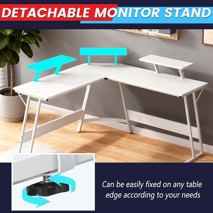 FDW L Shaped 51 Inch Gaming Desk,Corner Computer Desk,PC Gaming Desk,Writing Workstation with Large Monitor Stand for Home Office,Pure White