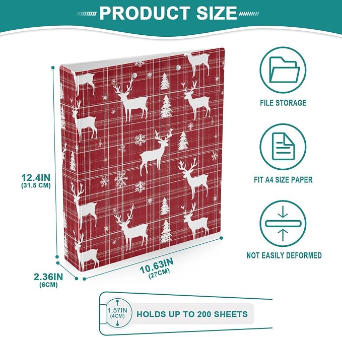 Christmas Reindeer and Snowflakes Plaid 3 Ring Binder 1.5" Decorative D-Ring Binder with Clipboard&3 Clear Pockets, Holds 200 Sheets A4 Size Paper Waterproof Binders for School Home Office