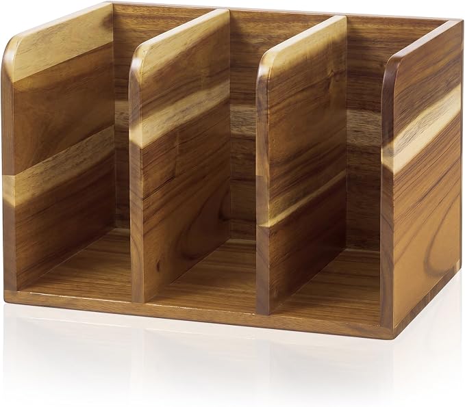 Novabright Acacia Wood File Magazine Holder Desk Organizer, 3 Vertical Compartments Workspace Sorters for Magazines, Binders, Notebooks, Envelopes