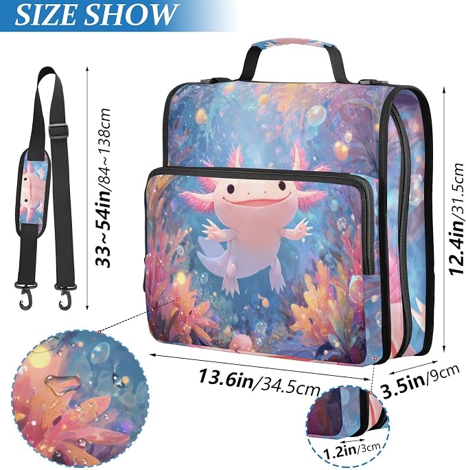 Cute Axolotl Print 3 Ring Zipper Binder with Shoulder Strap & Handle 2 Inch D-Ring Zippered Binder Bag with Multiple Pocket & Pencil Pouch, Binder Organizer for School or Office