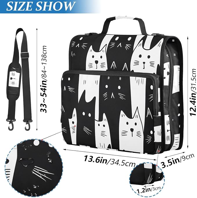 White Black Cats 3 Ring Binder Bag 1.5 inch Binder Organizer with Zipper Shoulder Strap 500 Sheet Documents Storage for School Office