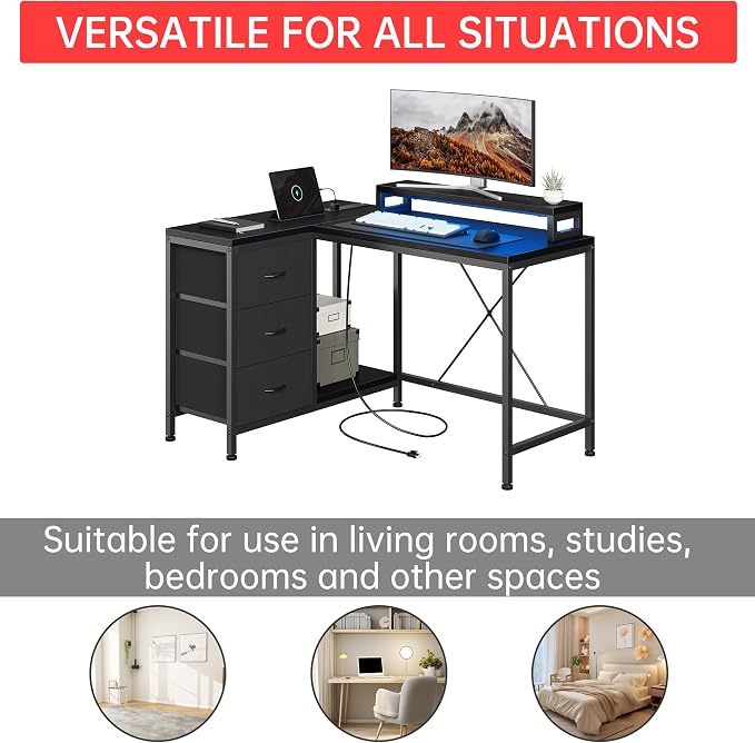Hetoy L-Shaped Gaming Desk with Power Outlets, Corner Desk with Drawers, Shelves & LED Lights, Computer Desk for Home & Office