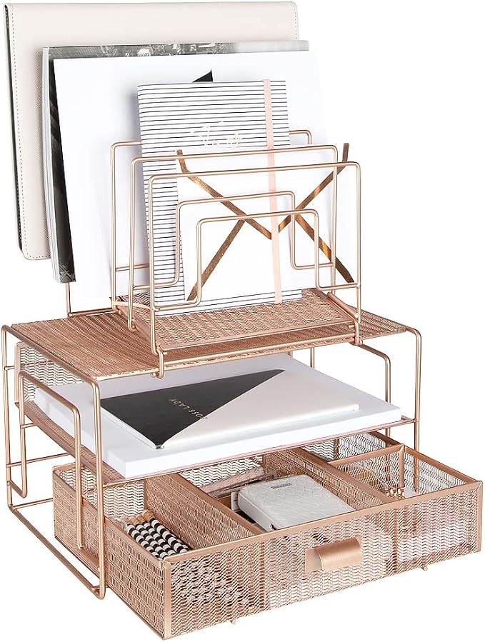 BLU MONACO Rose Gold Desk Organizer with Drawer | Metal Mesh Desktop Rack with File Sorters & Paper Storage | Space-Saving Workspace Organizer for Home Office, Cubicle, Kitchen or Dorm