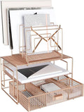 BLU MONACO Rose Gold Desk Organizer with Drawer | Metal Mesh Desktop Rack with File Sorters & Paper Storage | Space-Saving Workspace Organizer for Home Office, Cubicle, Kitchen or Dorm