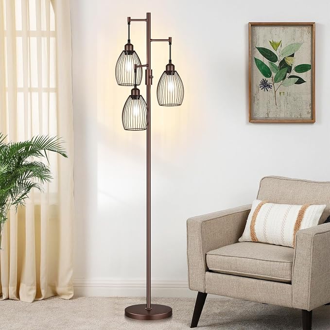 Torondo Dimmable Farmhouse Industrial Floor Lamp, Matte Brown Tree Standing Tall Lamps with 3 Elegant Teardrop Cage Head & 800 Lumens LED Edison Bulbs for Living Room Bedroom Office Dining Room