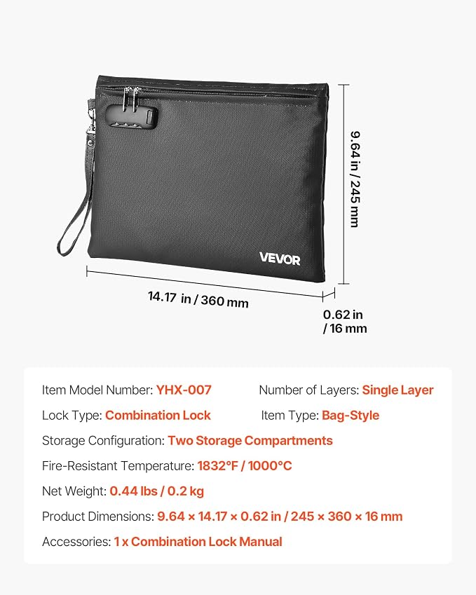 VEVOR Fireproof Document Bag, 1832 ℉ Heat Insulated Fireproof & Waterproof Bag with Lock, Portable File Storage Security Organizer Home Office Travel Use, for Passports, Important Documents & Files