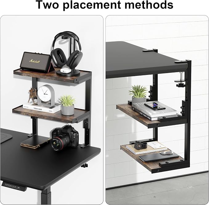 2-Tier Desk Shelf | Desk Organization Expandable Clamp on Desk Shelf Desktop Accessories for Offices and Game Rooms (Wood)