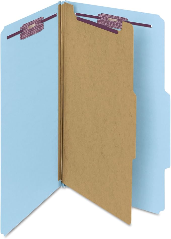 Smead Pressboard Classification File Folder with SafeSHIELD Fasteners, 1 Divider, 2" Expansion, Legal Size, Blue, 10 per Box (18730)