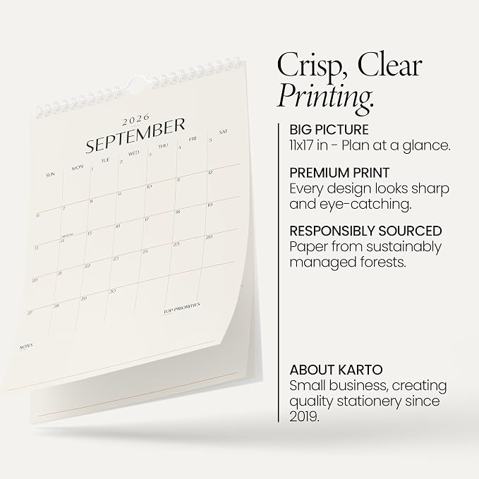 Karto Wall Calendar 2026-2027 11x17 in - Beige | July 2026 to December 2027, Vertical, Boosts Productivity, Easy Monthly Planning