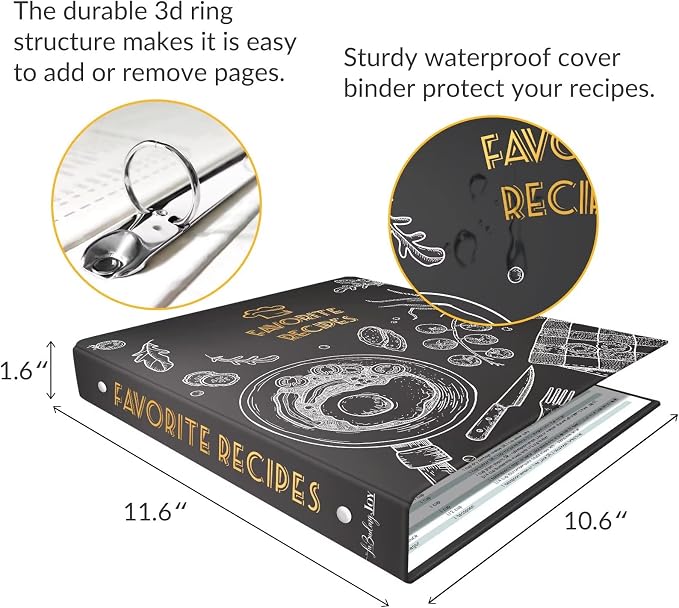Recipe Binder with Plastic Sleeves, 8.5x11 3 Ring Blank Recipe Book Binder | Premium recipe binder kit with waterproof cover, sleeves, cards, dividers and gift box for preserving recipes-Blackboard.