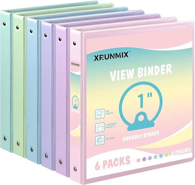 1-inch 3-Ring Binder with Pockets, Basic Binders 1'' Pastel Color Binders, Holds Letter Size 8.5'' x 11'',200 Sheet Capacity, Bundle 6 Pack for Back to School (1-Inch)