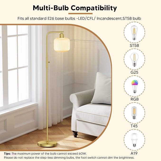 66" Dimmable Gold Standing Lamp with White Ribbed Glass for Living Room | Vintage Floor Lamp with Brushed Gold, Stepless Rotary Switch and 3000K LED Bulb, Arc Floor Lamp for Bedroom & Study Room