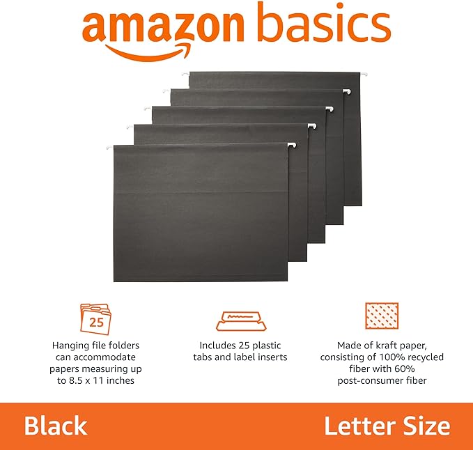 Amazon Basics Hanging File Folders with Adjustable Tabs for Document Organization, Letter Size, 8.5x11 inches, Black, 25-Pack
