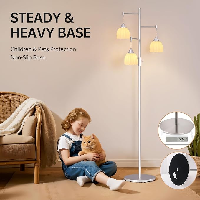 Shenmoyl Stepless Dimming Floor Lamps for Living Room, Bedroom, Nickel Standing Lamp with 3pcs 6W Bulbs, Vintage Floor Lamp for Corner, Nursery (White Tulip)