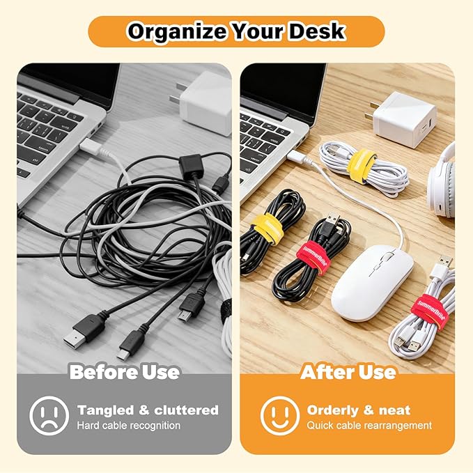 SummerBrite 70 Pack Multi-Color Cable Ties 8 Inch with Writable Labels, Reusable Cord Organizer Straps, Hook & Loop Wire Management for TV, Audio, Ethernet, Electronics & Heavy Duty Cords