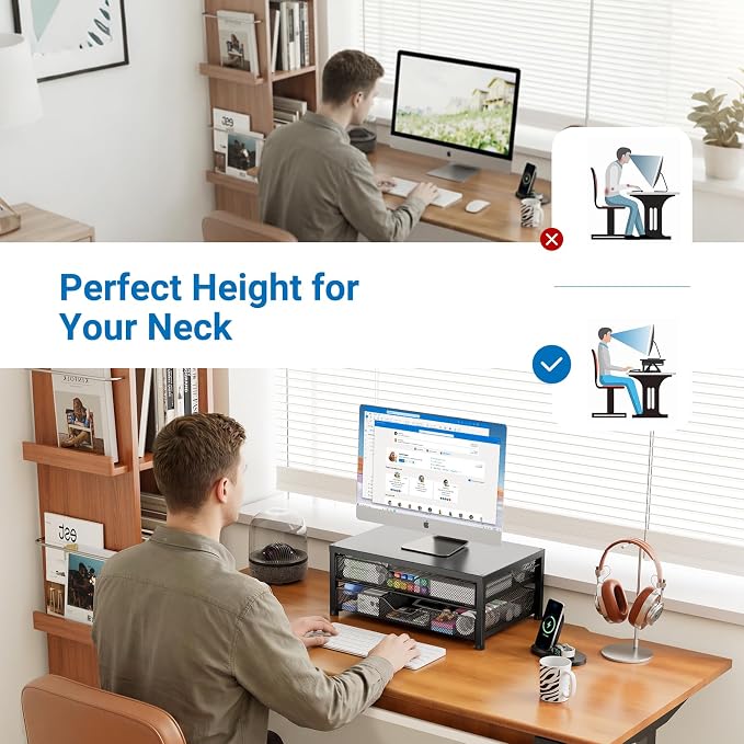 Desk Organizer and Accessories, 2-Tier Computer Monitor Stand Riser with 2 Drawer and 2 Pen Holders, Laptop Stand, Office Desk Accessories for Office Supplies, Black