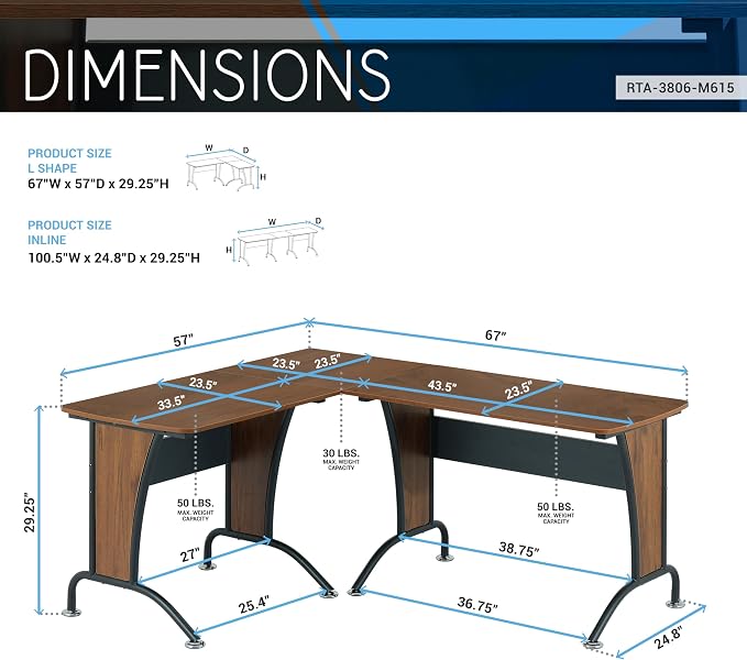 Techni Mobili Multi Configuration Desk, Reversible L-Shaped/Inline, Walnut | Corner Desk, Left/Right, Steel Frame, Spacious Work Area, Ideal for home office, Workspace organization