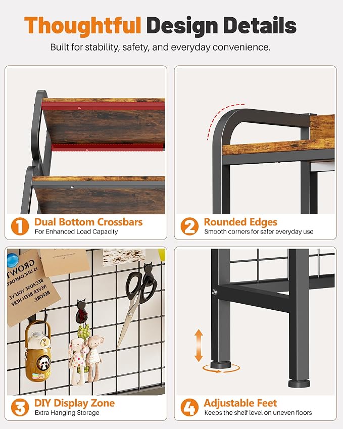 BYMECOST 38.6" Desktop Hutch Bookshelf,2-Tier Desk Shelf with Pegboard | Heavy-Duty Desktop Bookcase With Grid Panel and Hook, Desk Hutch for Computer in Offices or Dorms