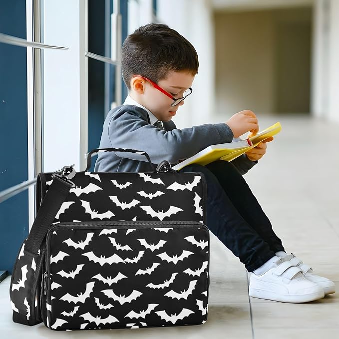White Bat Black Print 3 Ring Binder Bag 1.5 inch Binder Organizer with Zipper Shoulder Strap 500 Sheet Documents Storage for School Office