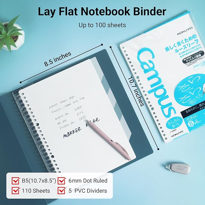 KOKUYO Refillable Spiral Notebook with Dividers & Tabs, B5 Hardcover 5 Subject Notebook Binder for Work, 100 Sheets, 6mm Dot Ruled, Campus Refillable Business Binder for School Note Taking, Navy