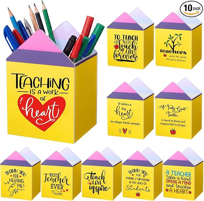 Sherr 10 Pcs Back to School Teacher Gifts Inspirational Pencil Cups Bulk | First Day of School Gifts for Teachers, Acrylic Pencil Shaped Pen Holders, Appreciation Gifts for Teachers Counselors School