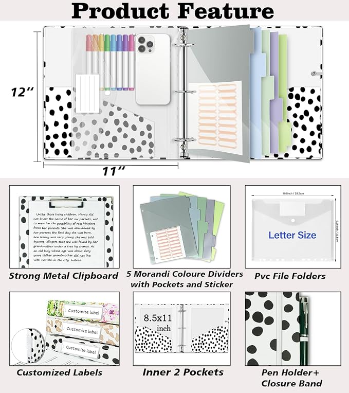 3 Ring Binder Organizer, 2 Inch Three Ring Binders with Clipboard, 5-Tabs Pockets Dividers, Transparent Plastic Folder, Pen Loop, 18 Divider Stikers, BVSSX Decorative Binder, Polka Dot, Letter Size