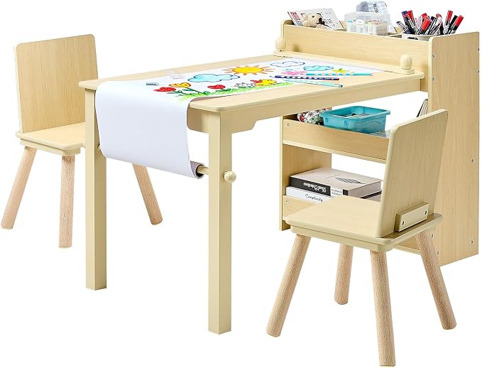 VEVOR Kids Art Table and Chair Set, Toddler Activity Table with Storage, Wood Kids Craft Desk with Paper Roll for Drawing, Reading, Writing, Kid Play Table for Nursery, Playroom, Classroom, Natural